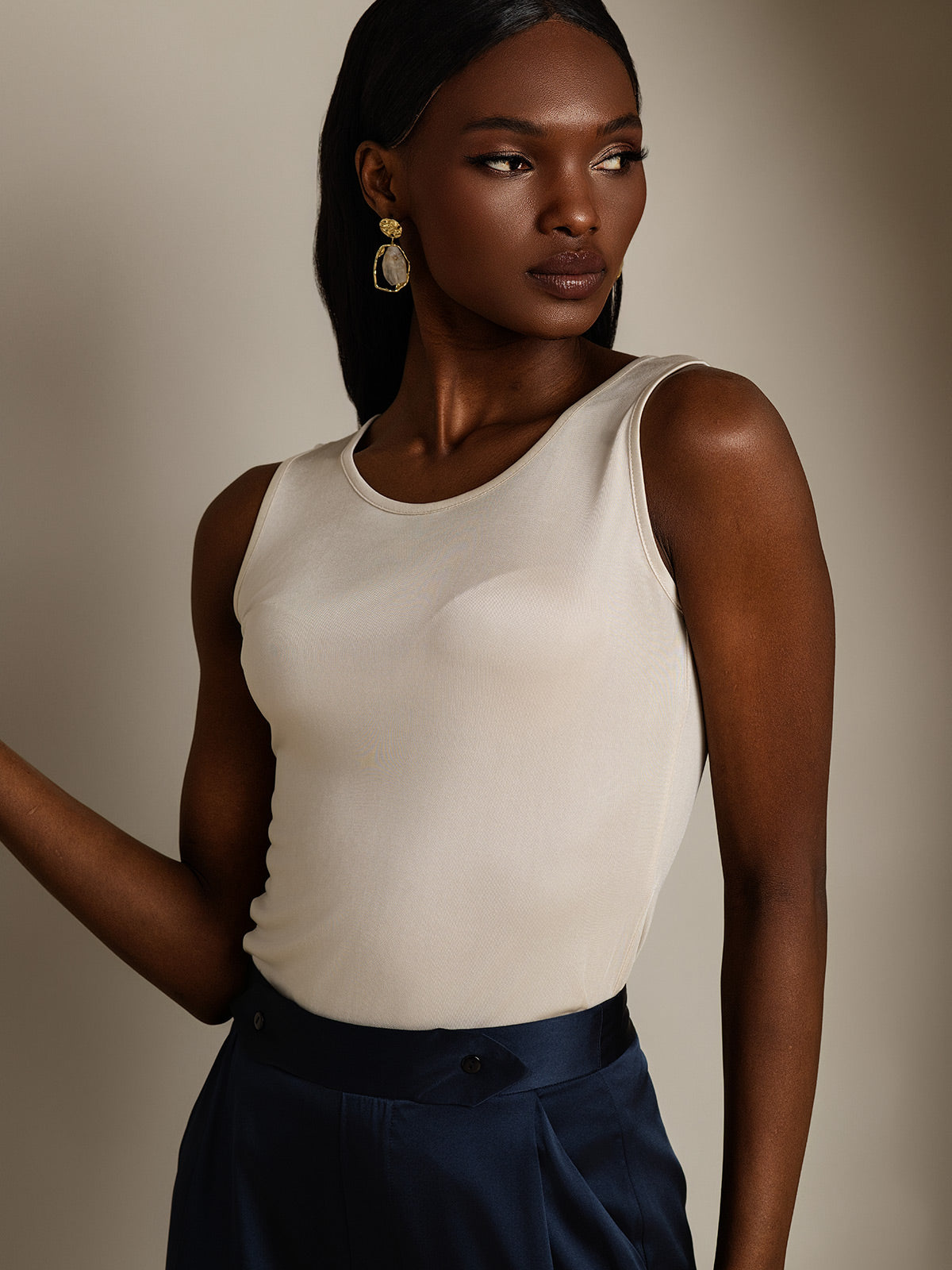 [Beige] SilkSilky-IT Maglia di seta Womens T-Shirt 004