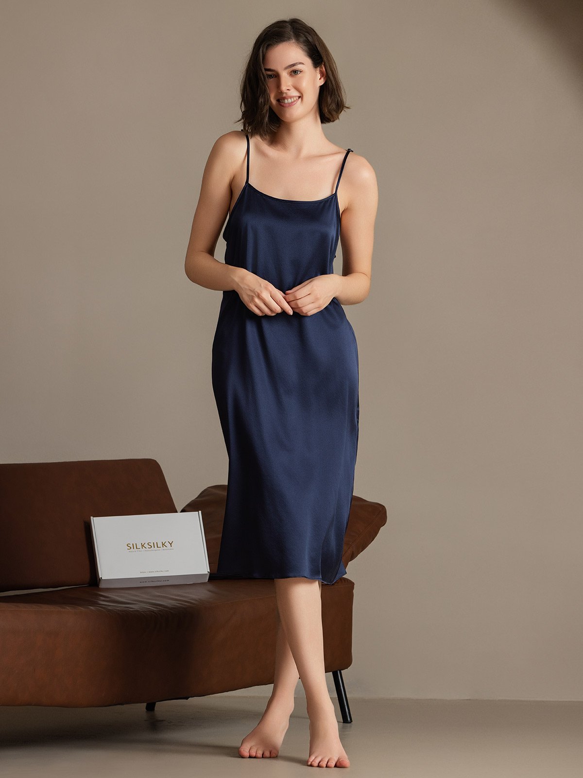 [Blu Scuro] SilkSilky-IT 19Momme Seta Senza maniche Dress 003