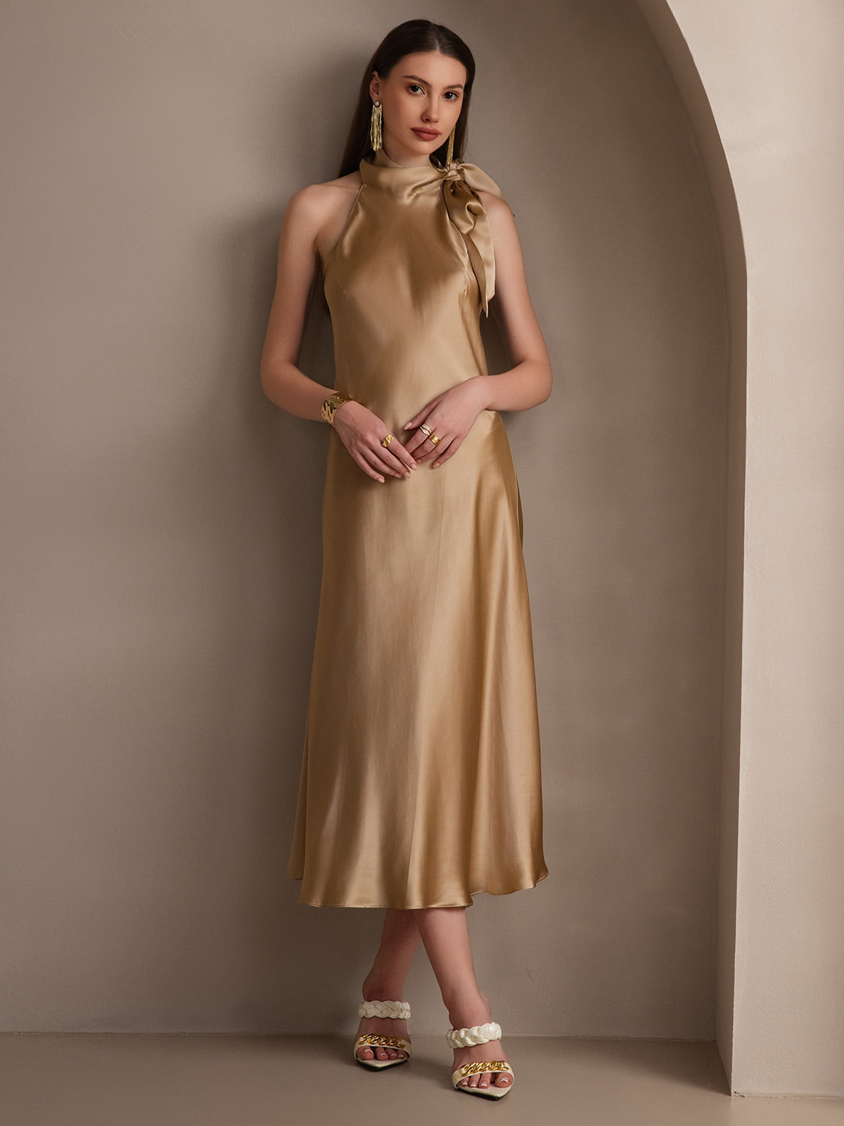 SilkSilky-IT 19Momme Seta Senza maniche Nodo al collo Vestiti da donna Champagne 008