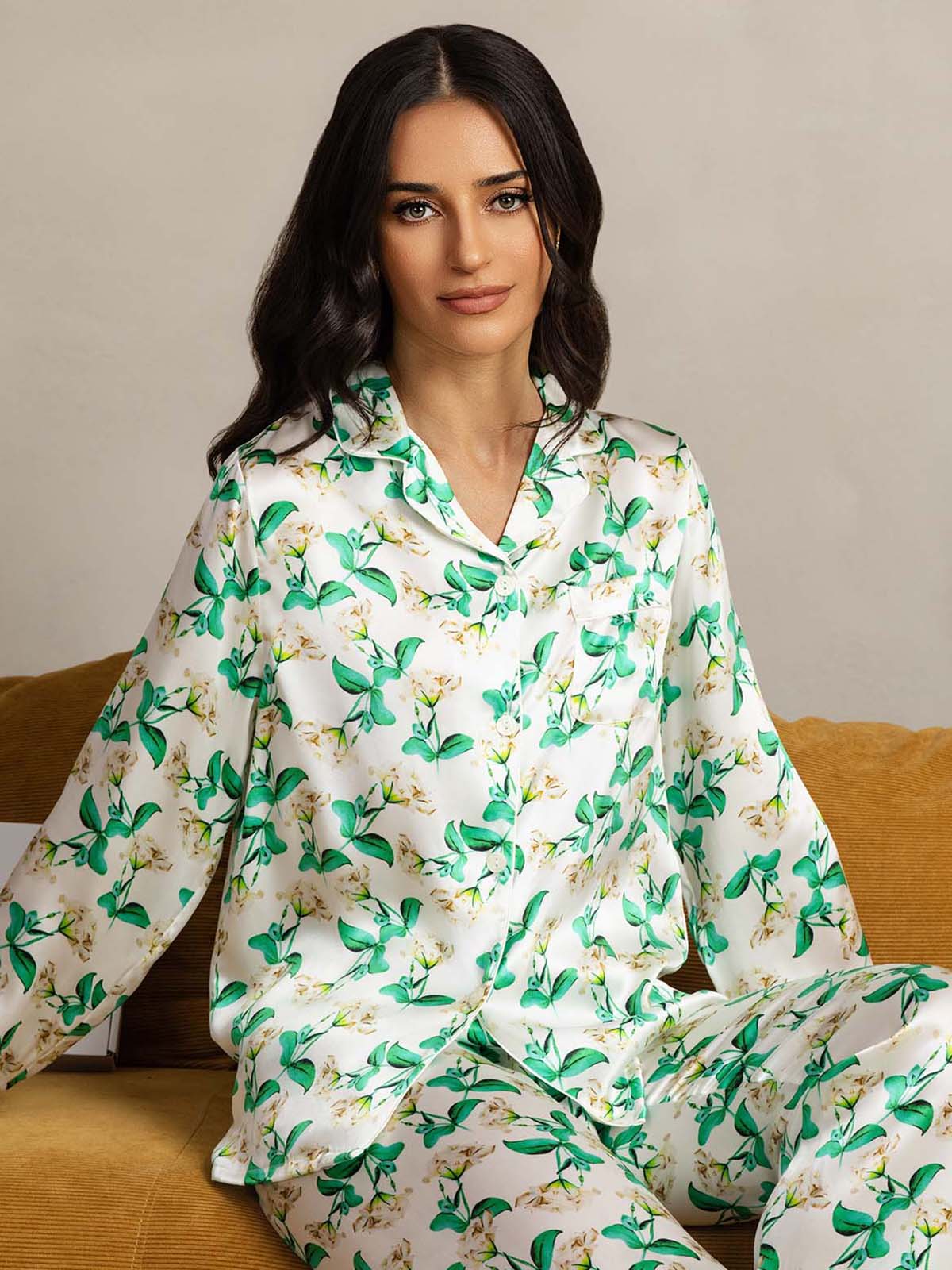 [Floreale Verde] SilkSilky-IT Seta pura Womens Pajamas 005