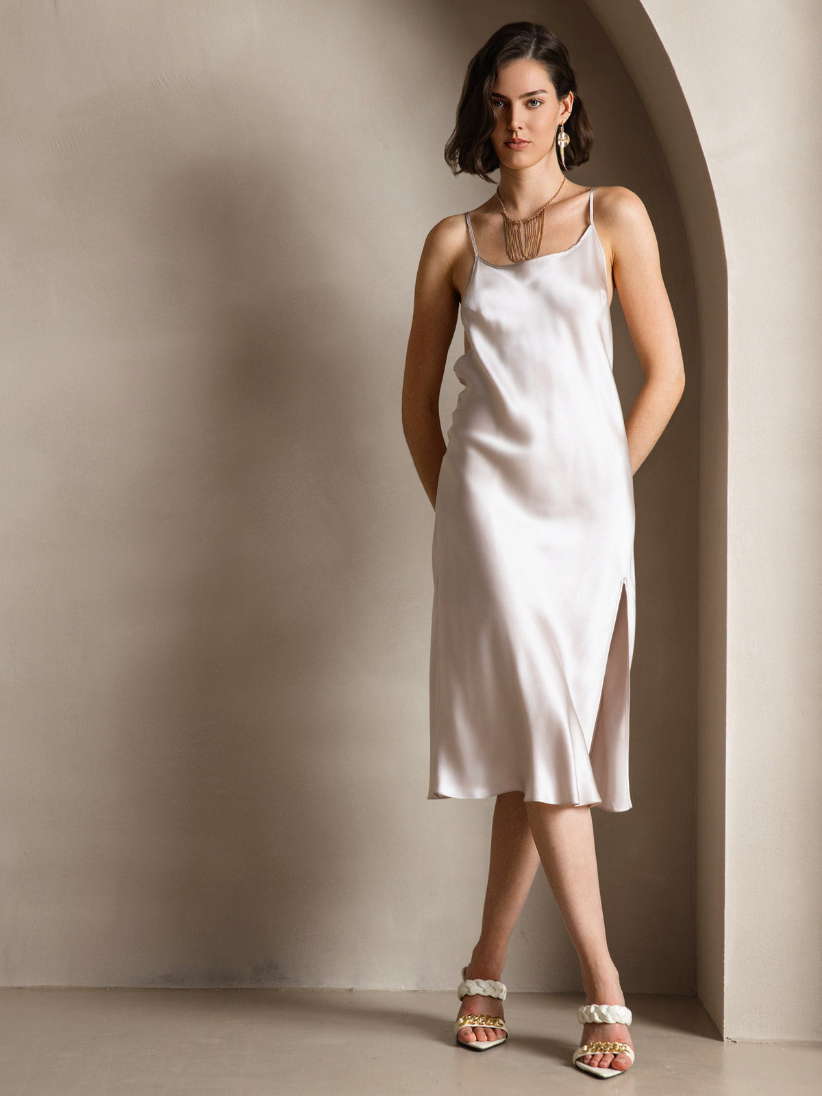 [Beige] SilkSilky-IT Seta pura Dress 001