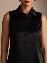[Nero] SilkSilky-IT Sleeveless Lapel Collar Camicie da donna 004