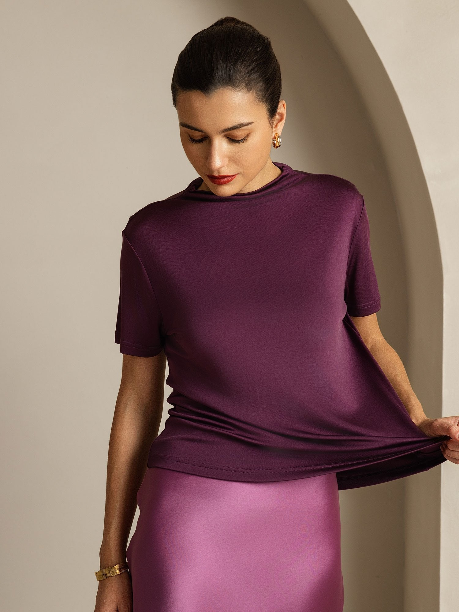 [Viola] SilkSilky-IT Seta pura Colletto risvolto Magliette donna 003