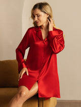 [Rosso] SilkSilky-IT Long Sleeve Lapel Collar Camicia da notte 005