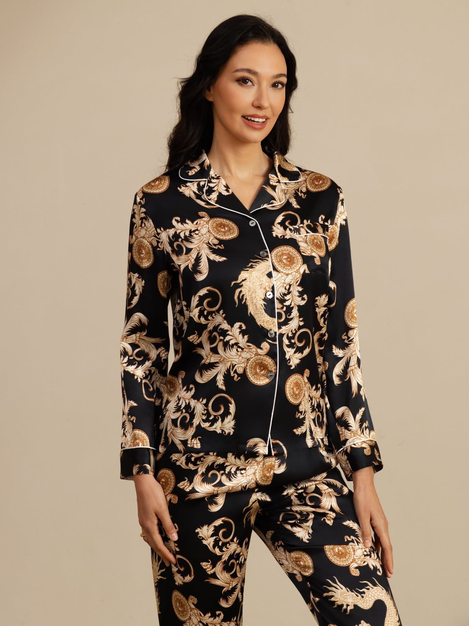 [Drago Nero] SilkSilky-IT Manica lunga Collo a Taglio Pigiami da donna 004