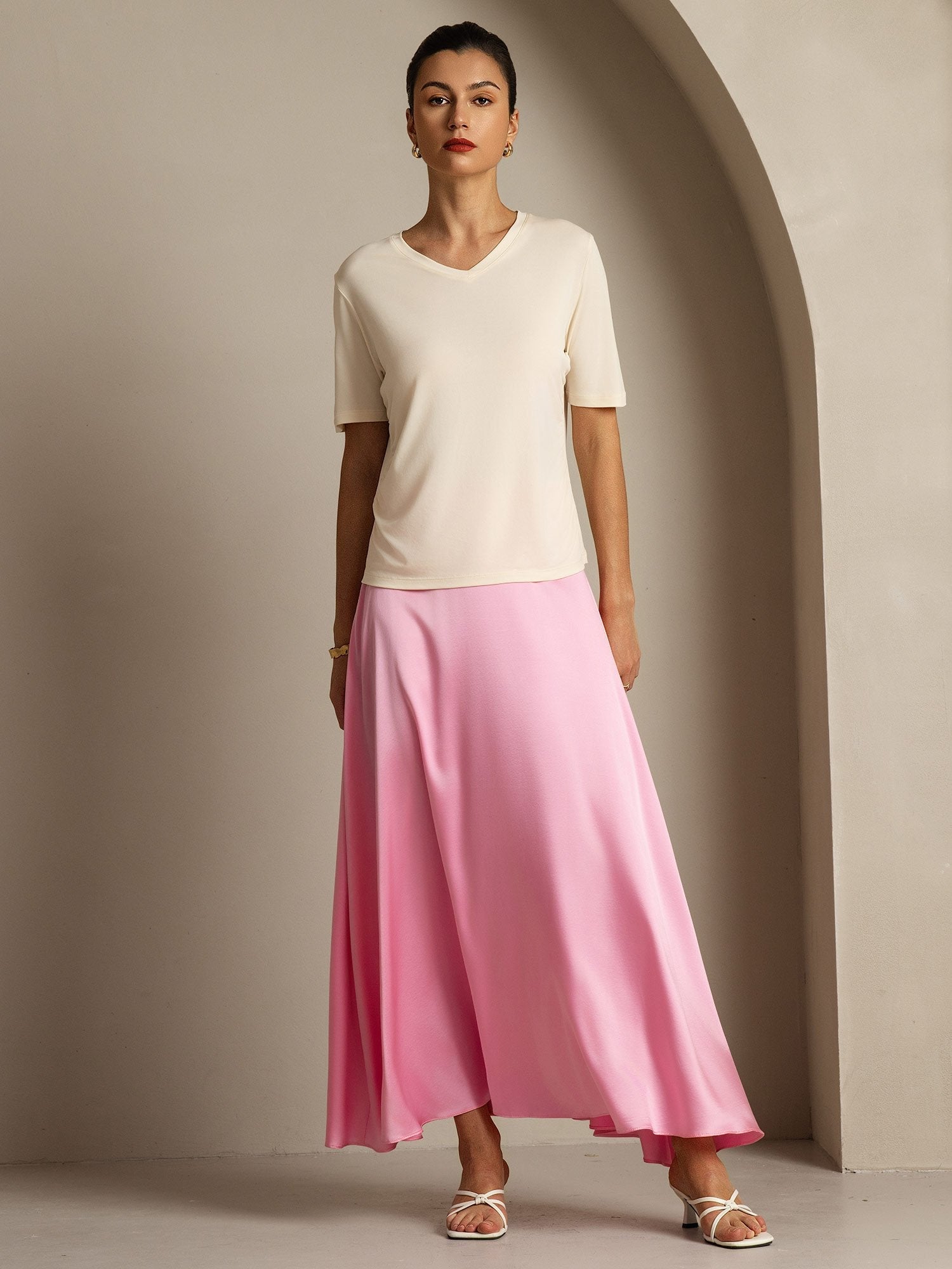 [Beige] SilkSilky-IT Seta pura Womens T-Shirt 008,