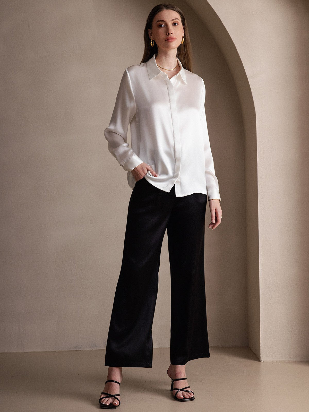 [Bianco] SilkSilky-IT 19Momme Seta Manica lunga Colletto risvolto Camicie da donna 007