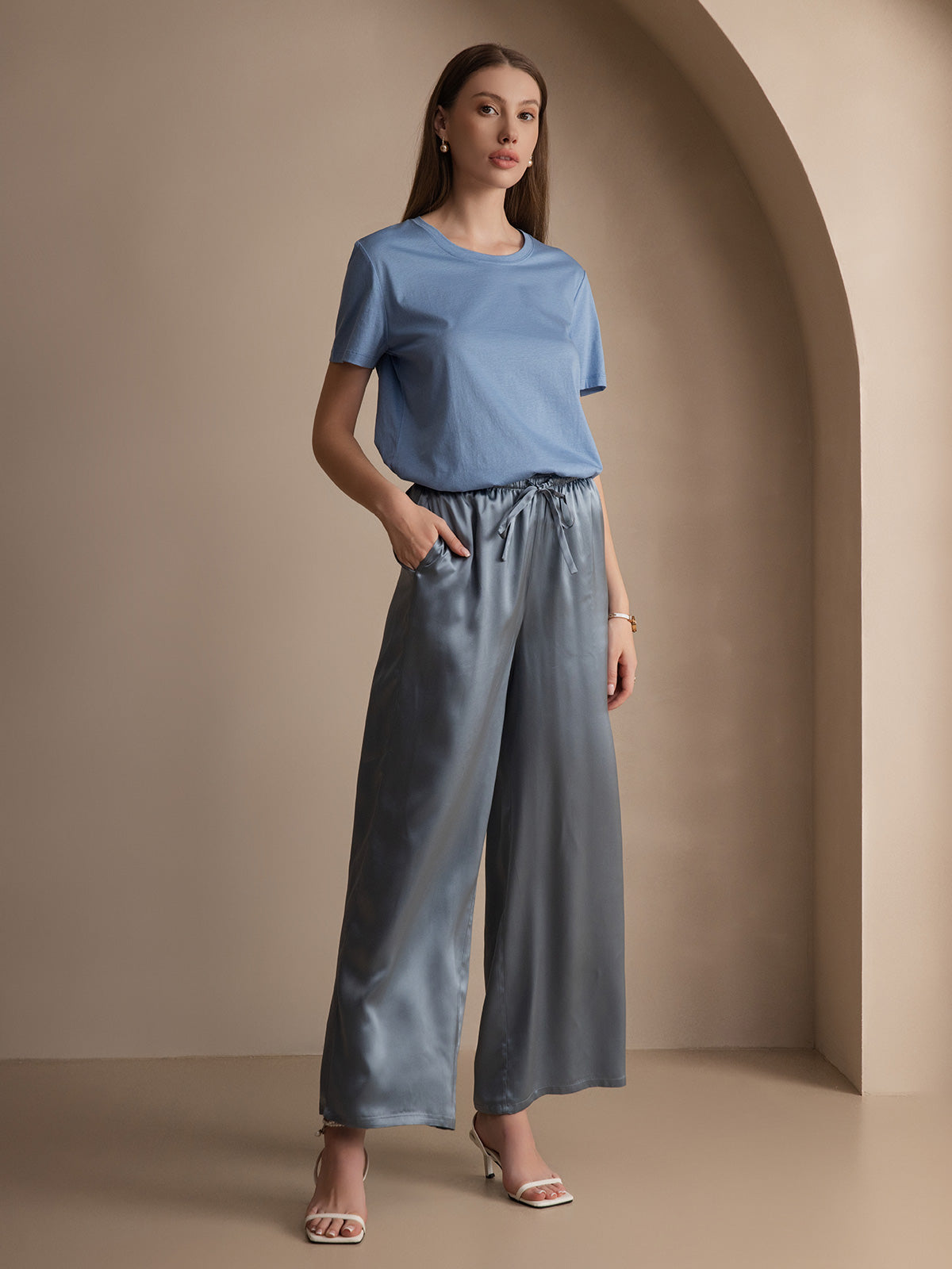 [Blu] SilkSilky-IT Maglia di seta Maniche Corte Round Neck Magliette donna 006