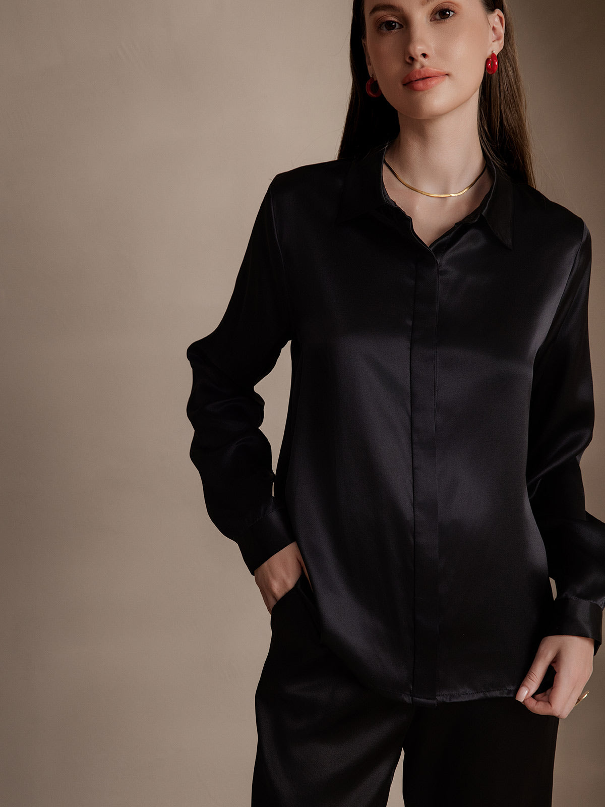 [Nero] SilkSilky-IT 19Momme Seta Lapel Collar Camicie da donna 001