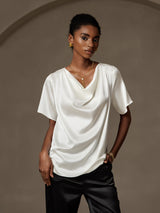 [Bianco] SilkSilky-IT Short Sleeve Cowl Neck Bluse 003
