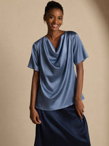 [Verde Petrolio Intenso] SilkSilky-IT Short Sleeve Cowl Neck Bluse 001