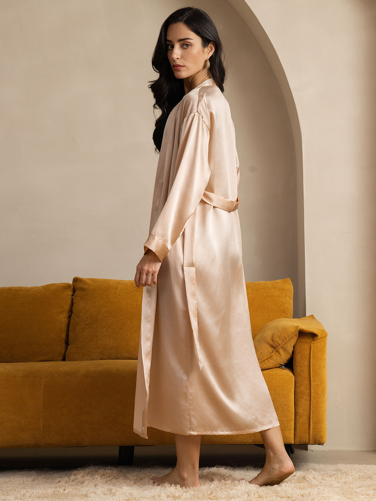 SilkSilky-IT Seta pura Manica lunga Womens Robe Champagne 002