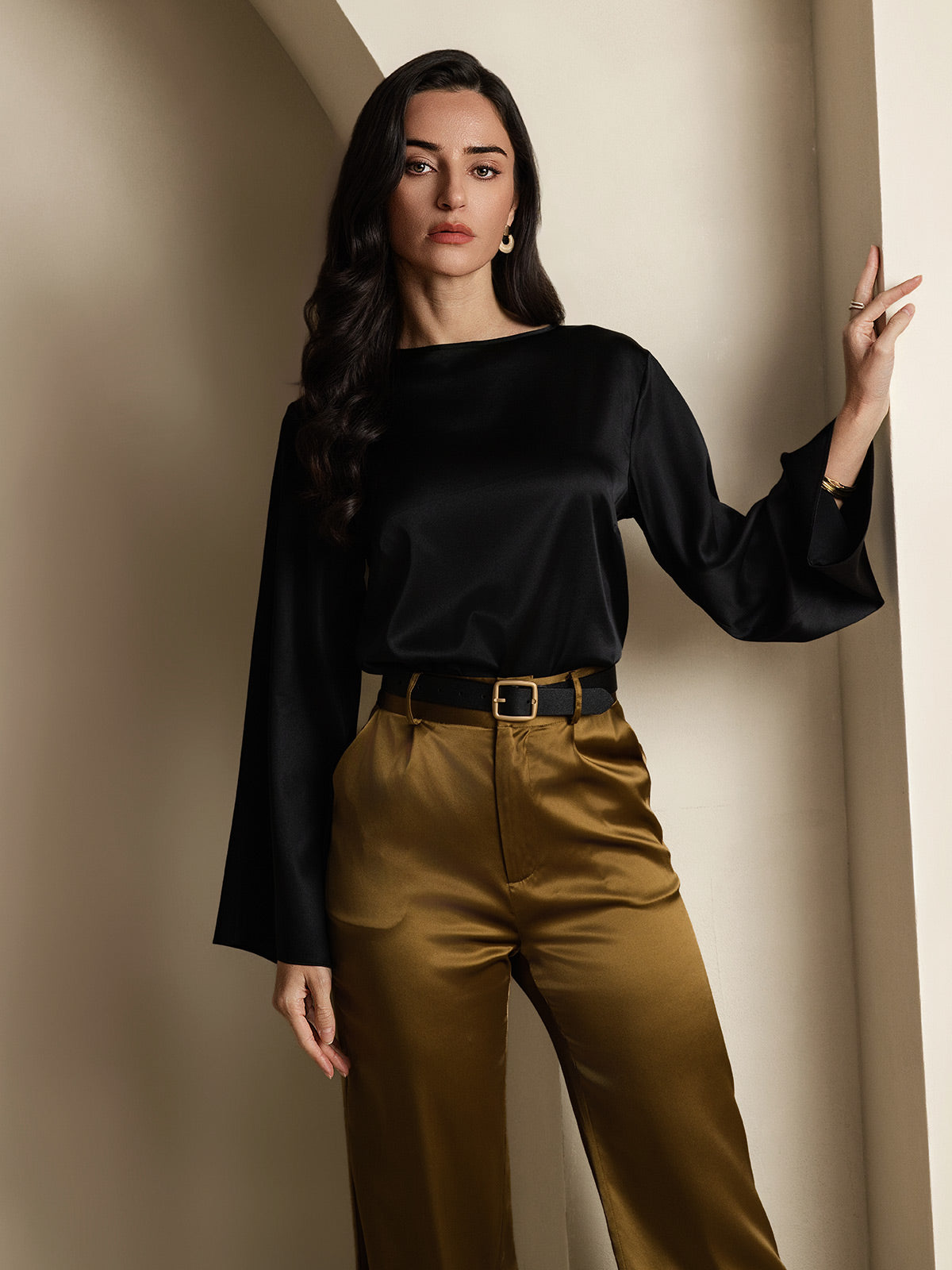 [Nero] SilkSilky-IT 19Momme Manica lunga Scollo barchetta Camicette 004