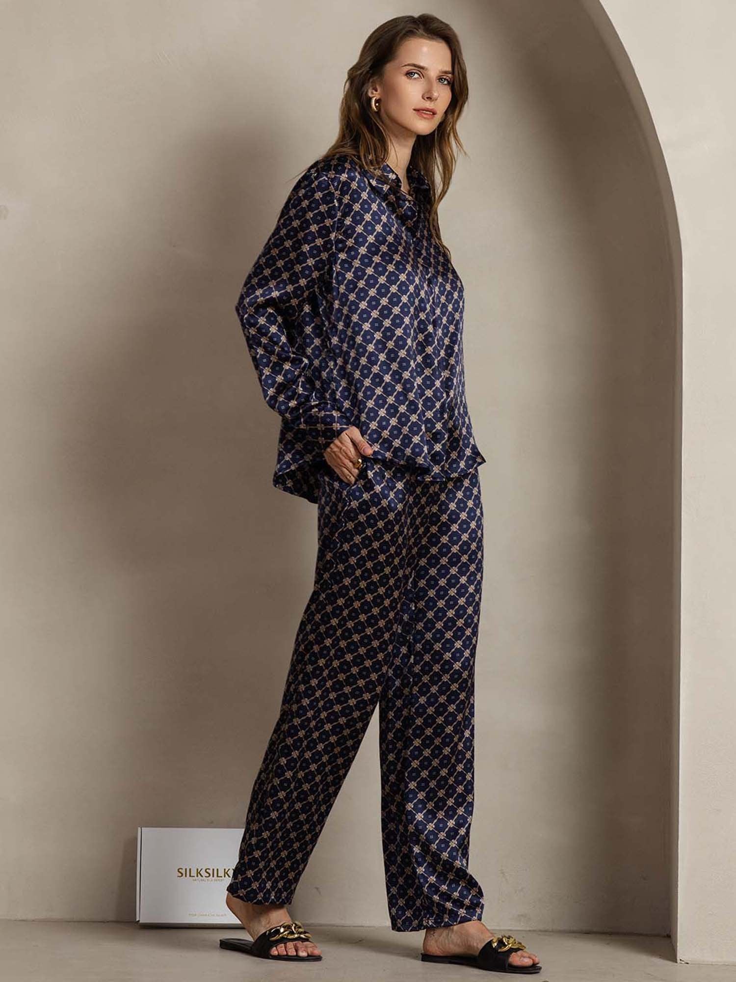 [Catena Blu Navy] SilkSilky-IT 19Momme Seta Colletto risvolto Women''s Outfit Sets 004