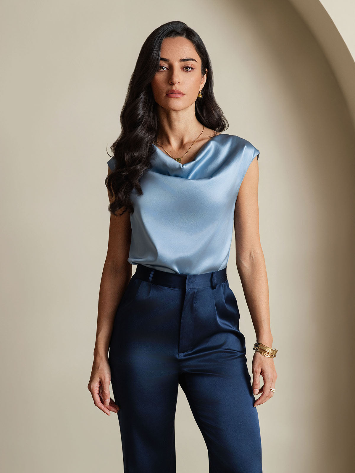 [Blu Grigiastro] SilkSilky-IT 19Momme Seta Senza maniche Collo drappeggiato Magliette donna 003