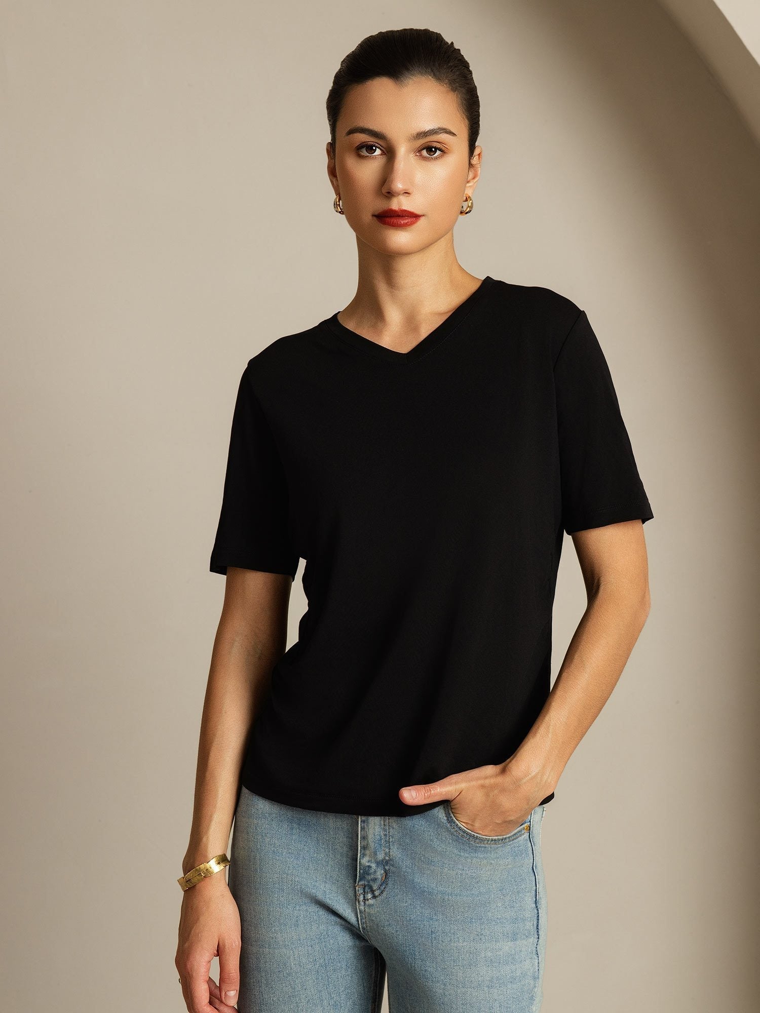 [Nero] SilkSilky-IT Maniche Corte Scollo a V Magliette donna 001