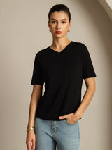 [Nero] SilkSilky-IT Maniche Corte Scollo a V Magliette donna 001