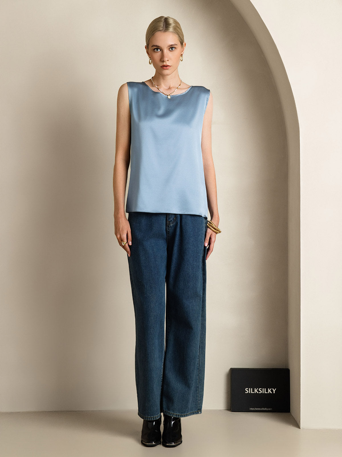 [Blu Grigiastro] SilkSilky-IT 19Momme Seta Camisoles 006