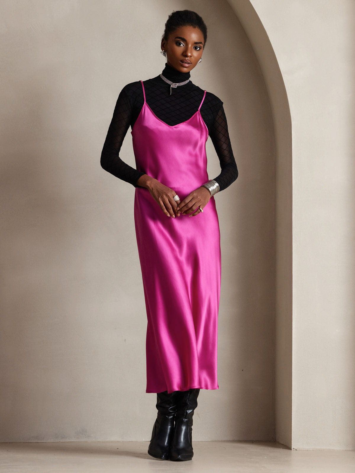 [Rosa Rossa] SilkSilky-IT Tirantes Finos Scollo a V Vestiti da donna 001