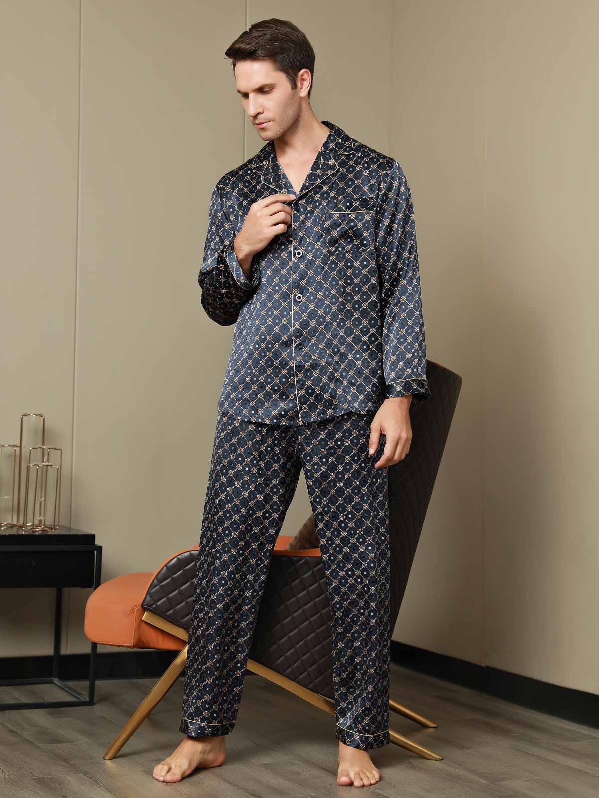 [Catena Blu Navy] SilkSilky-IT Seta pura Mens Pajamas 007,