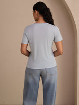 [Blu Grigiastro] SilkSilky-IT Short Sleeve V Neck Magliette donna 002
