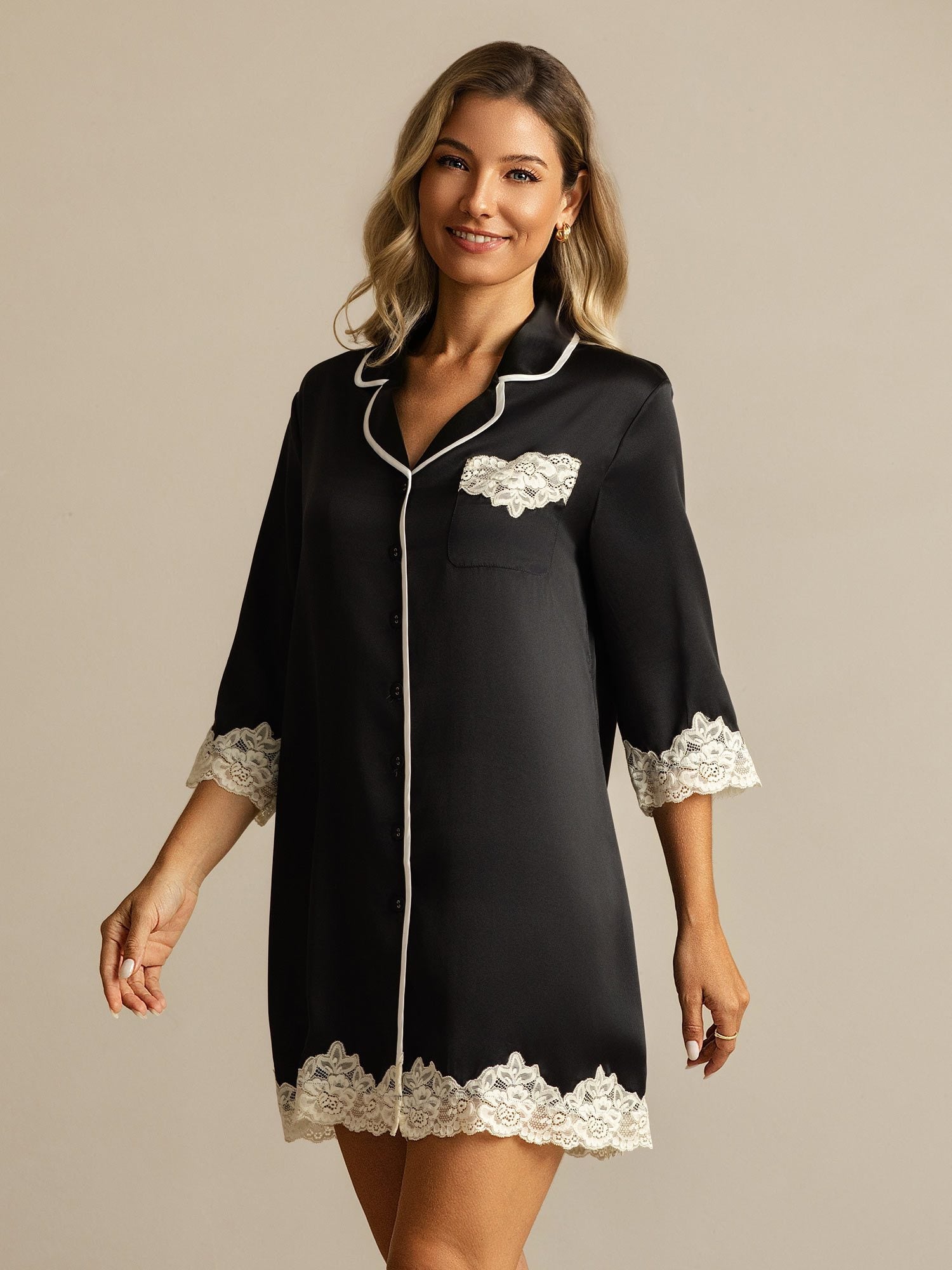 [Nero] SilkSilky-IT Seta pura Colletto risvolto Camicia da notte 007