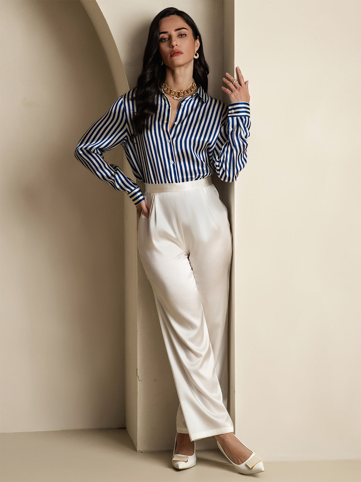 [Righe Navy] SilkSilky-IT Manica lunga Colletto risvolto Camicie da donna 008