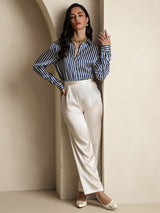 [Righe Navy] SilkSilky-IT Long Sleeve Lapel Collar Camicie da donna 009