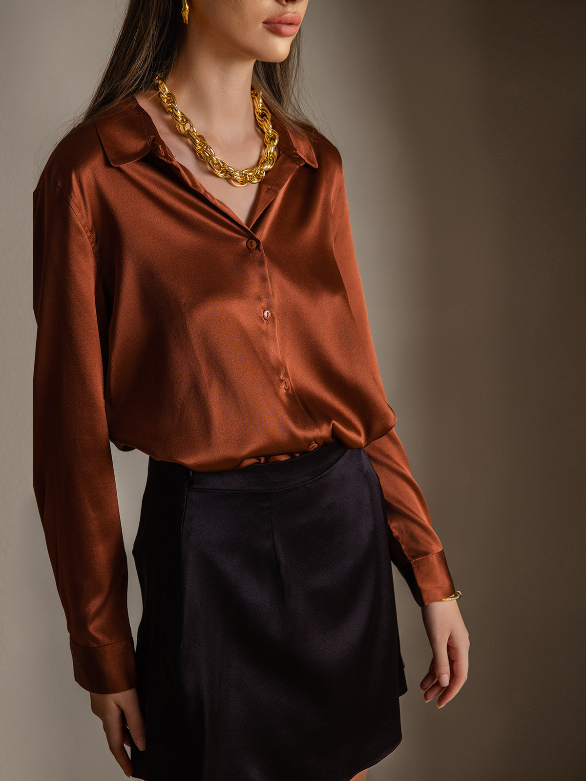 [Caffè] SilkSilky-IT Seta Colletto risvolto Camicie da donna 001