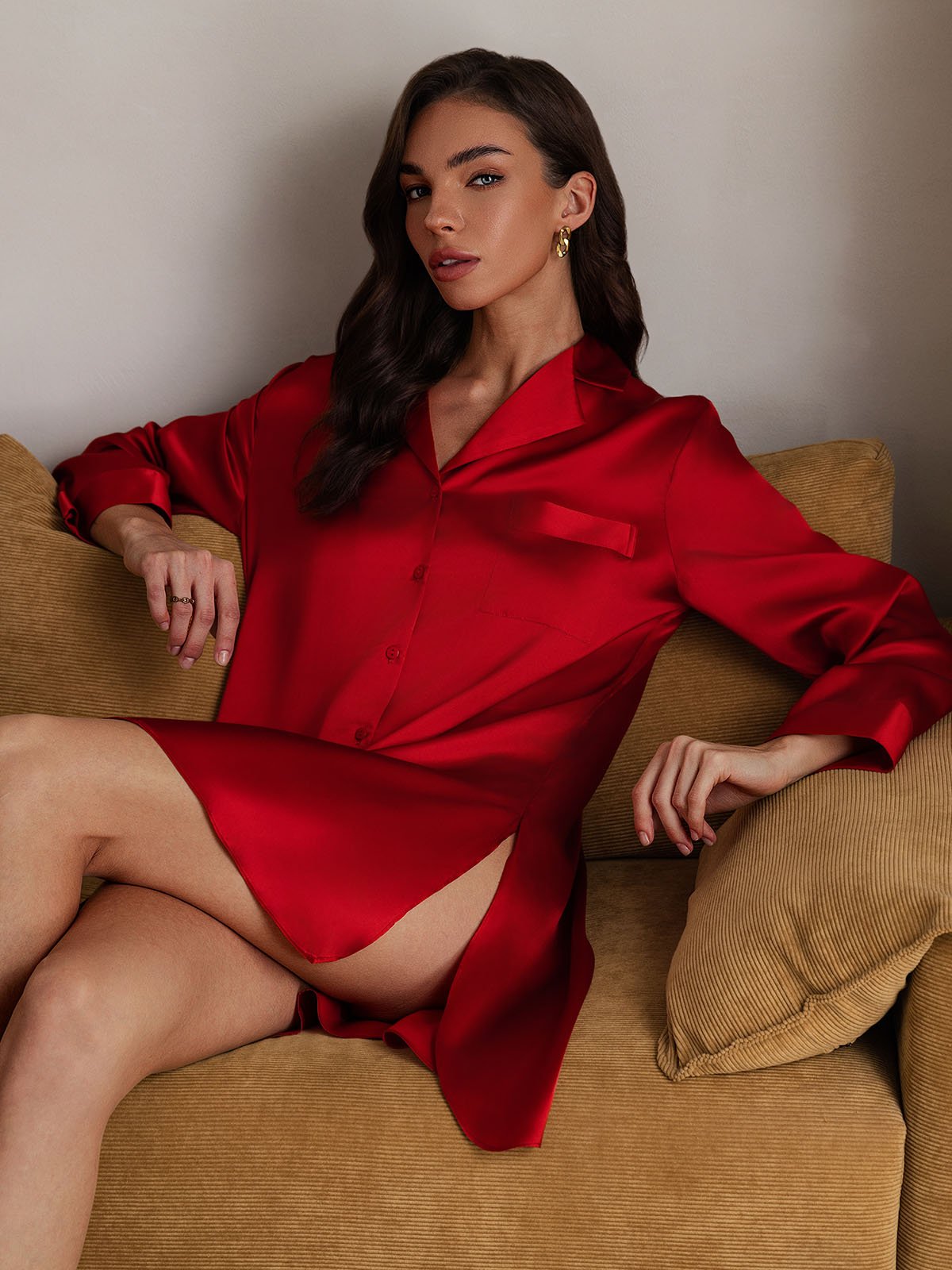 [Rosso] SilkSilky-IT Seta pura Colletto risvolto Camicia da notte 008