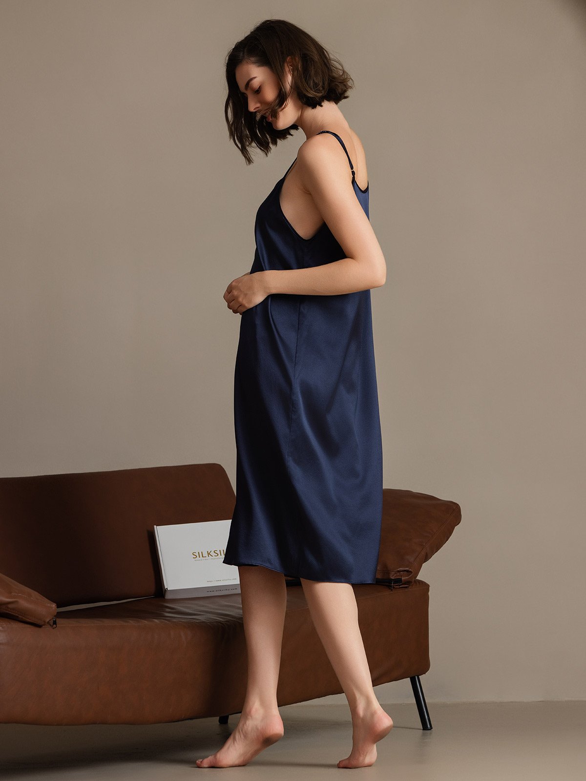 [Blu Scuro] SilkSilky-IT 19Momme Seta Senza maniche Dress 002