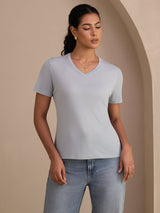 [Blu Grigiastro] SilkSilky-IT Short Sleeve V Neck Magliette donna 001