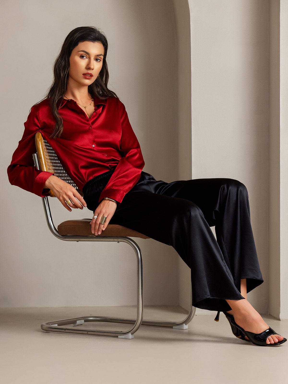 [Rosso] SilkSilky-IT Seta Colletto risvolto Camicie da donna 006