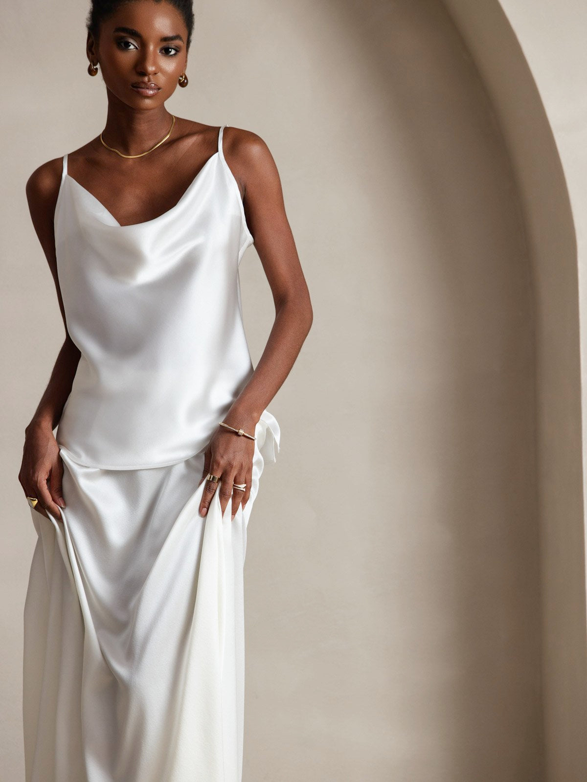 [Bianco] SilkSilky-IT 19Momme Tirantes Finos Collo drappeggiato Cami 003