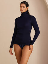 [Blu Scuro] SilkSilky-IT Long Sleeve Turtle Neck Magliette donna 007
