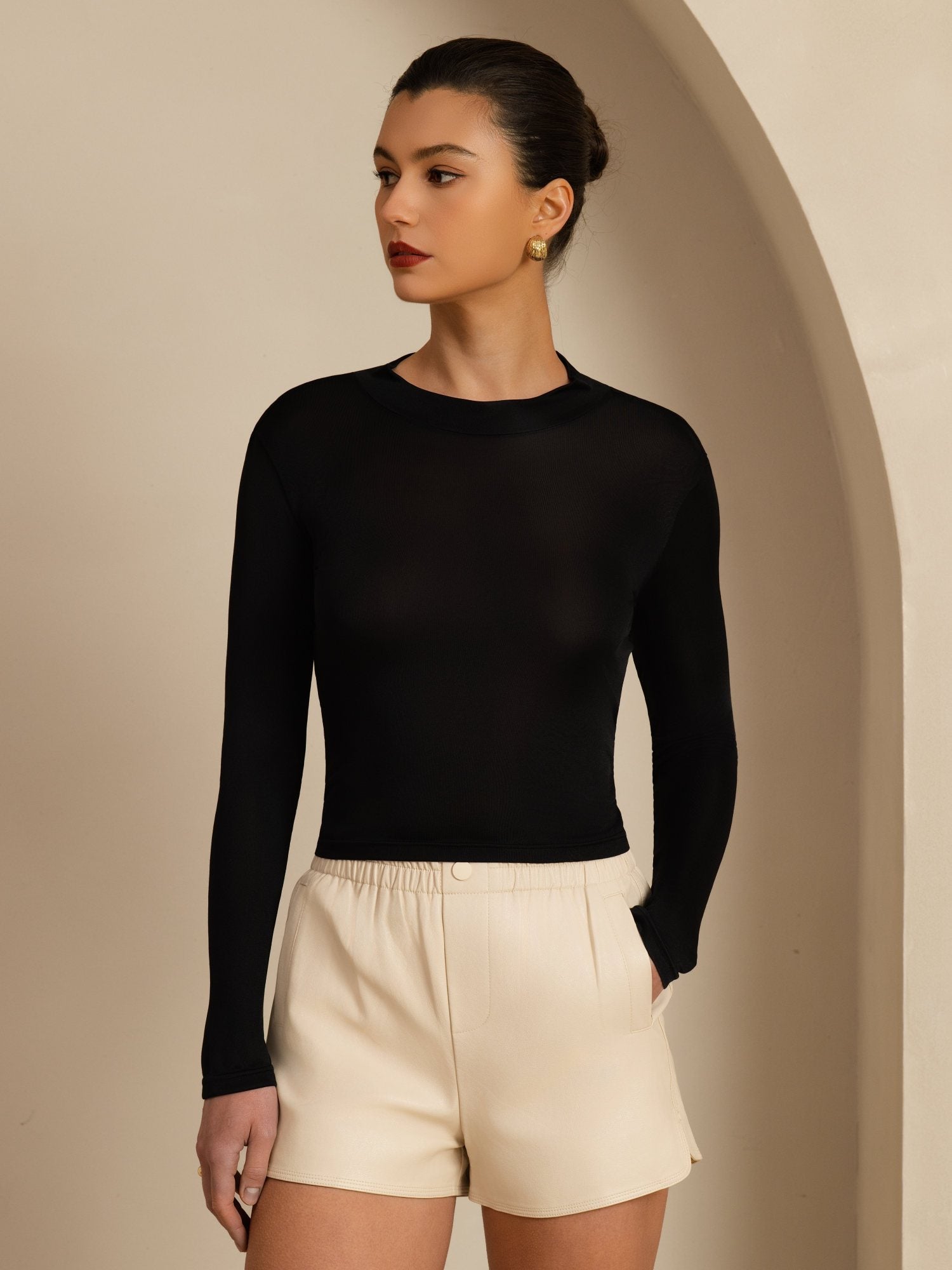 [Nero] SilkSilky-IT Manica lunga Collo a Lupetto Magliette donna 004