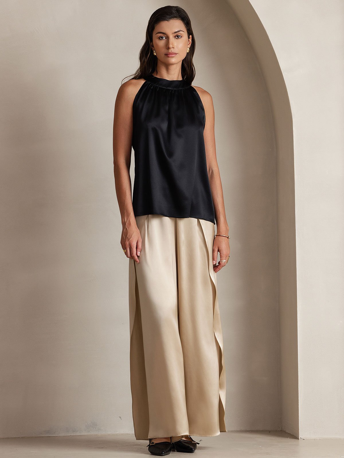 [Nero] SilkSilky-IT 19Momme Seta Senza maniche Womens T-Shirt 001