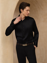 [Nero] SilkSilky-IT 19Momme Manica lunga Colletto con Revers Camicia da uomo 005