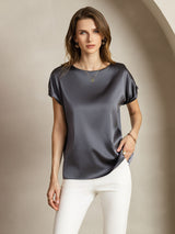 [Grigio Scuro] SilkSilky-IT 19Momme Maniche Corte Scollo barchetta Magliette donna 004