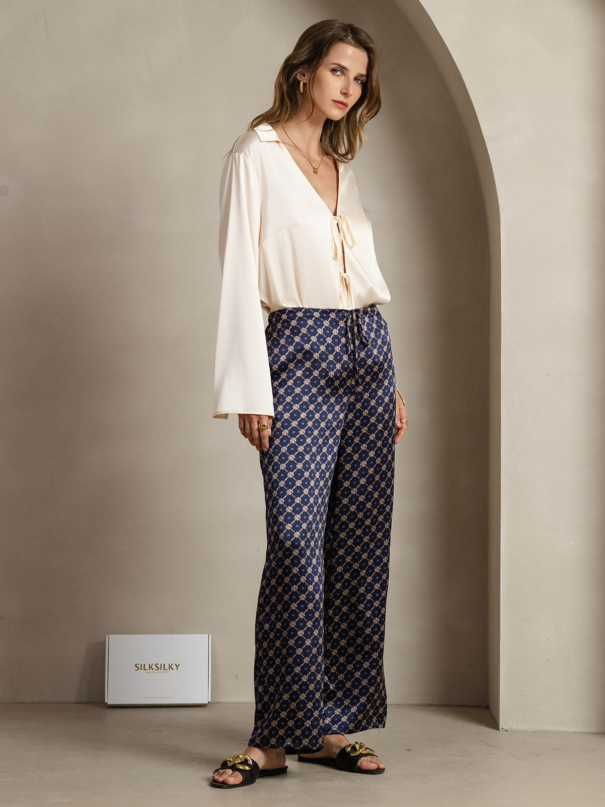 [Catena Blu Navy] SilkSilky-IT 19Momme Seta Womens Pants 004