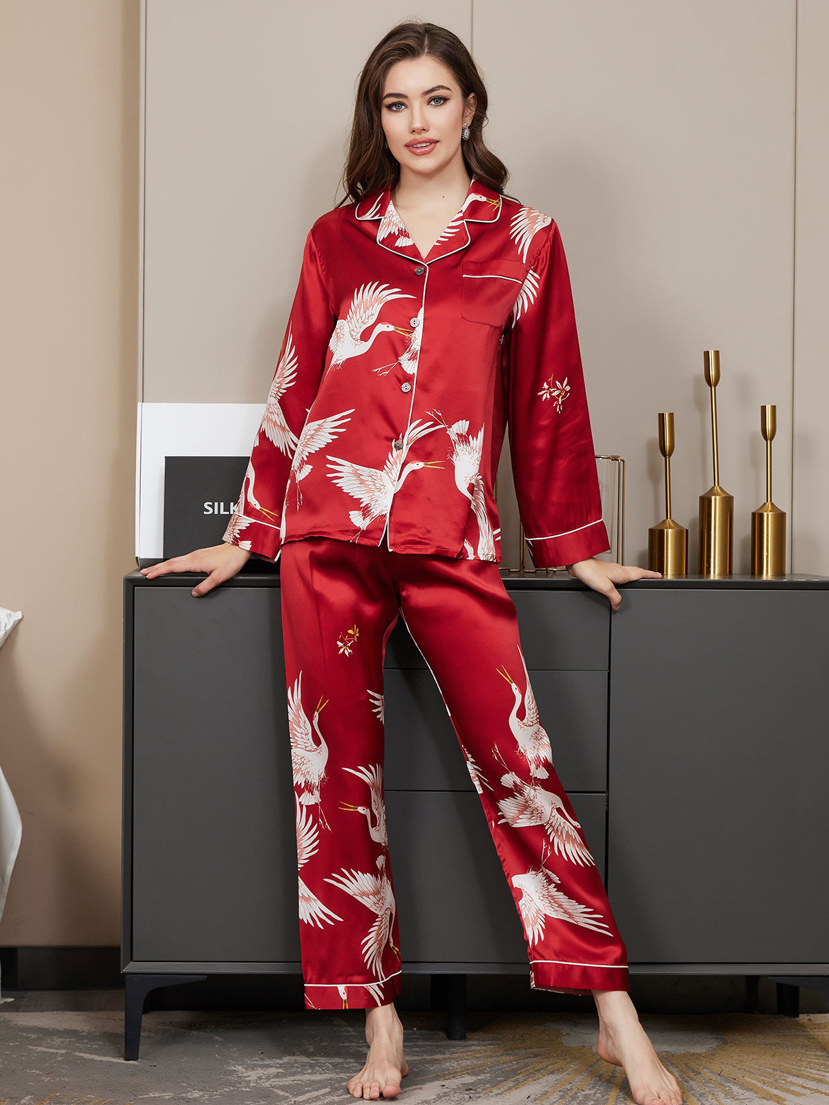 [Rosso Scuro] SilkSilky-IT 19Momme Seta pura Womens Pajamas 003,