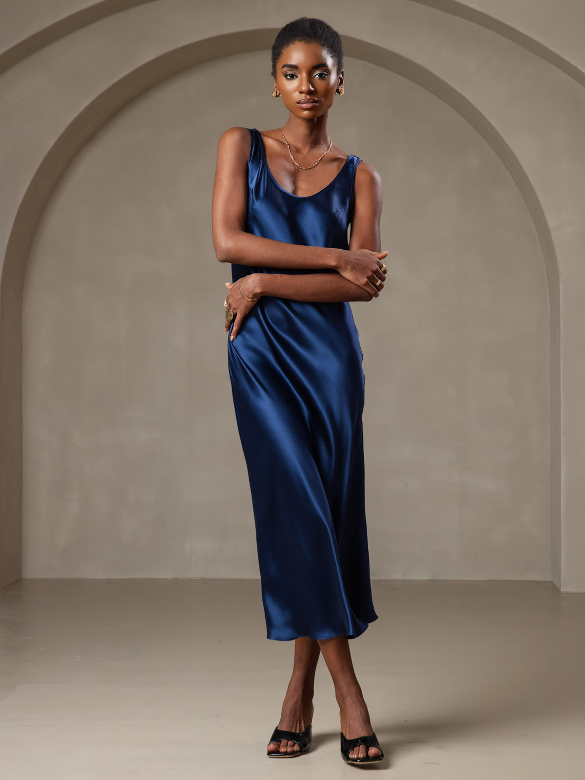 [Blu Scuro] SilkSilky-IT Senza maniche Scollo A Coppa Vestiti da donna 001