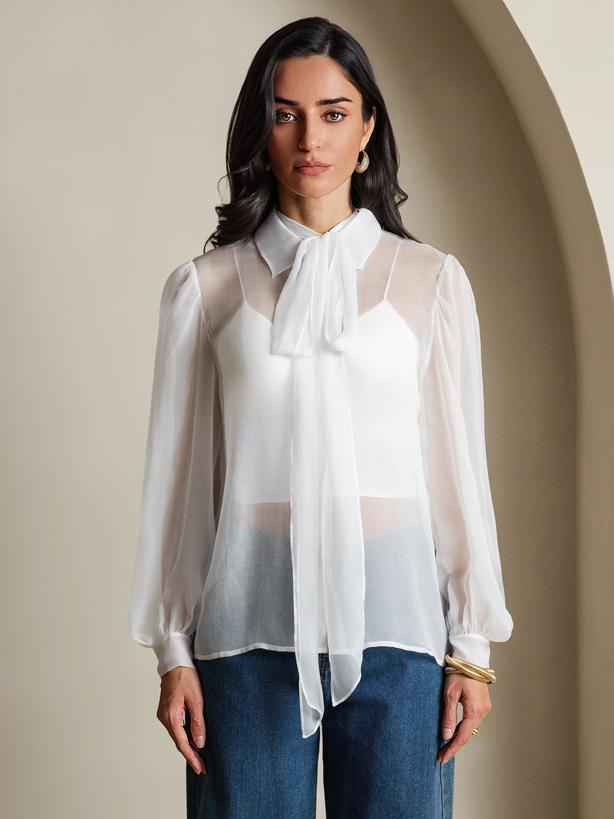 SilkSilky-IT Seta pura Manica lunga Nodo al collo Camicie da donna Bianco 005