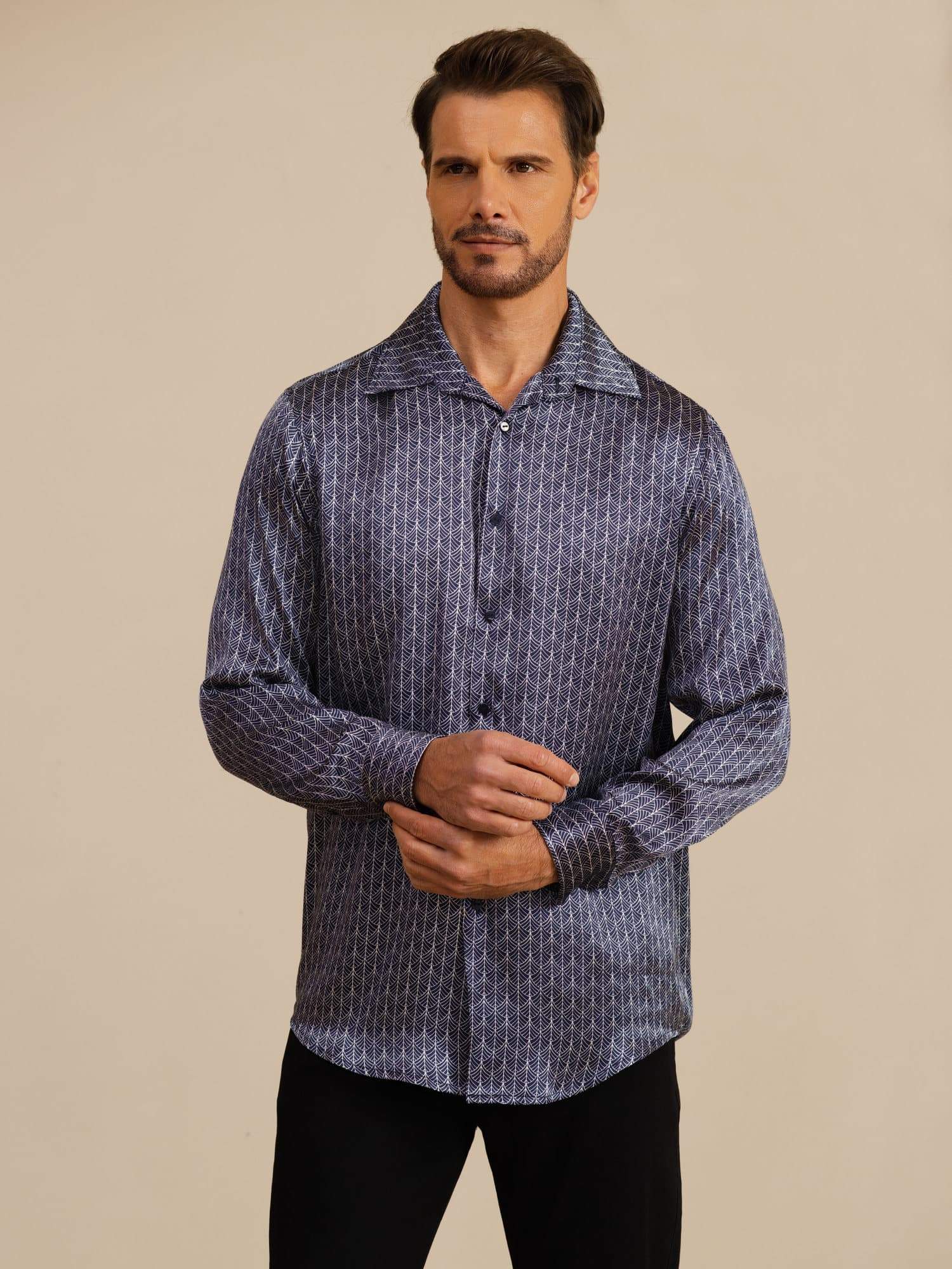 [Ginkgo Blu Navy] SilkSilky-IT Manica lunga Colletto con Revers Camicia da uomo 003