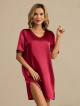 [Rosso Scuro] SilkSilky-IT Half Sleeve V Neck Camicia da notte 001