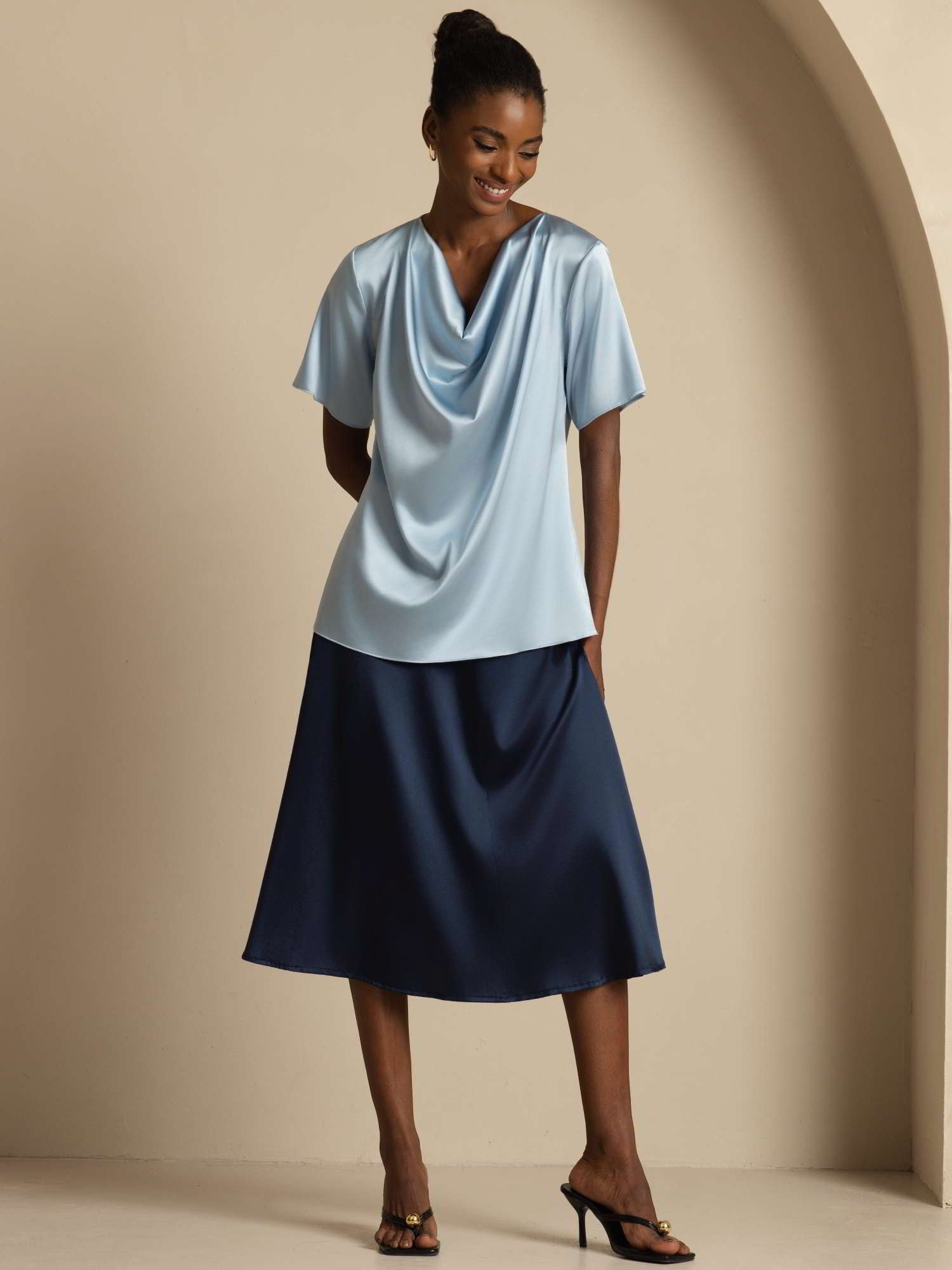 [Blu Grigiastro] SilkSilky-IT 19Momme Maniche Corte Collo drappeggiato Camicette 007