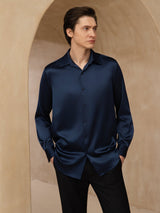 [Blu Scuro] SilkSilky-IT 19Momme Manica lunga Colletto con Revers Camicia da uomo 003