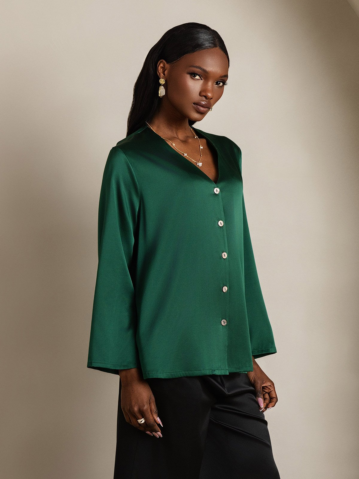 [Verde Scuro] SilkSilky-IT 19Momme Seta Collo a V Camicie da donna 006