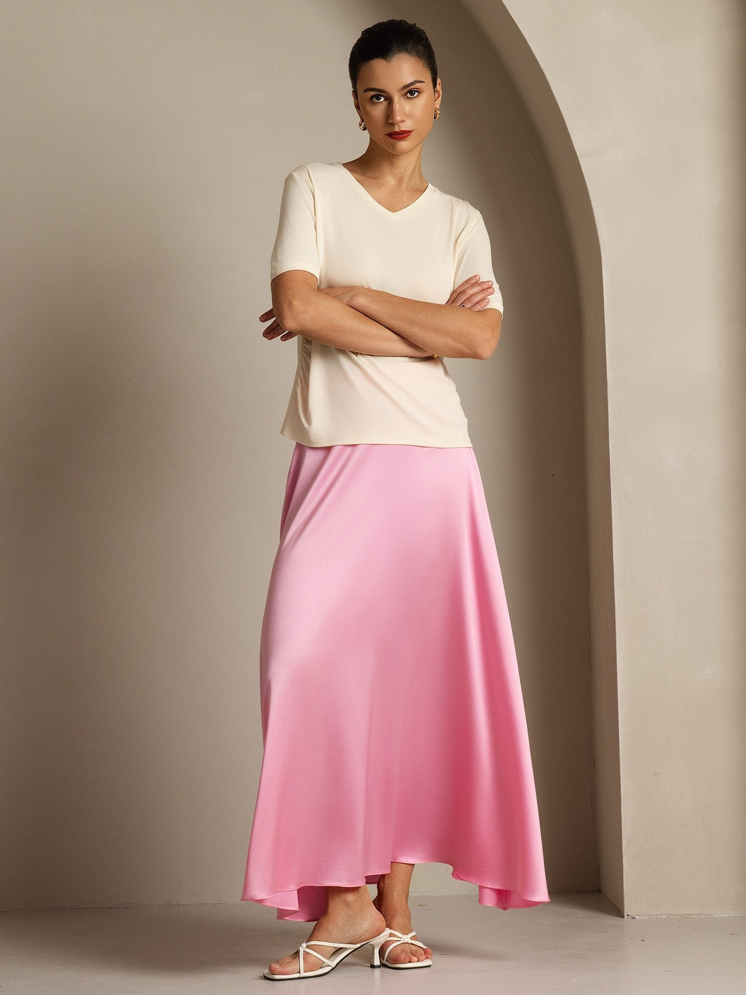 [Beige] SilkSilky-IT Seta pura Womens T-Shirt 007,