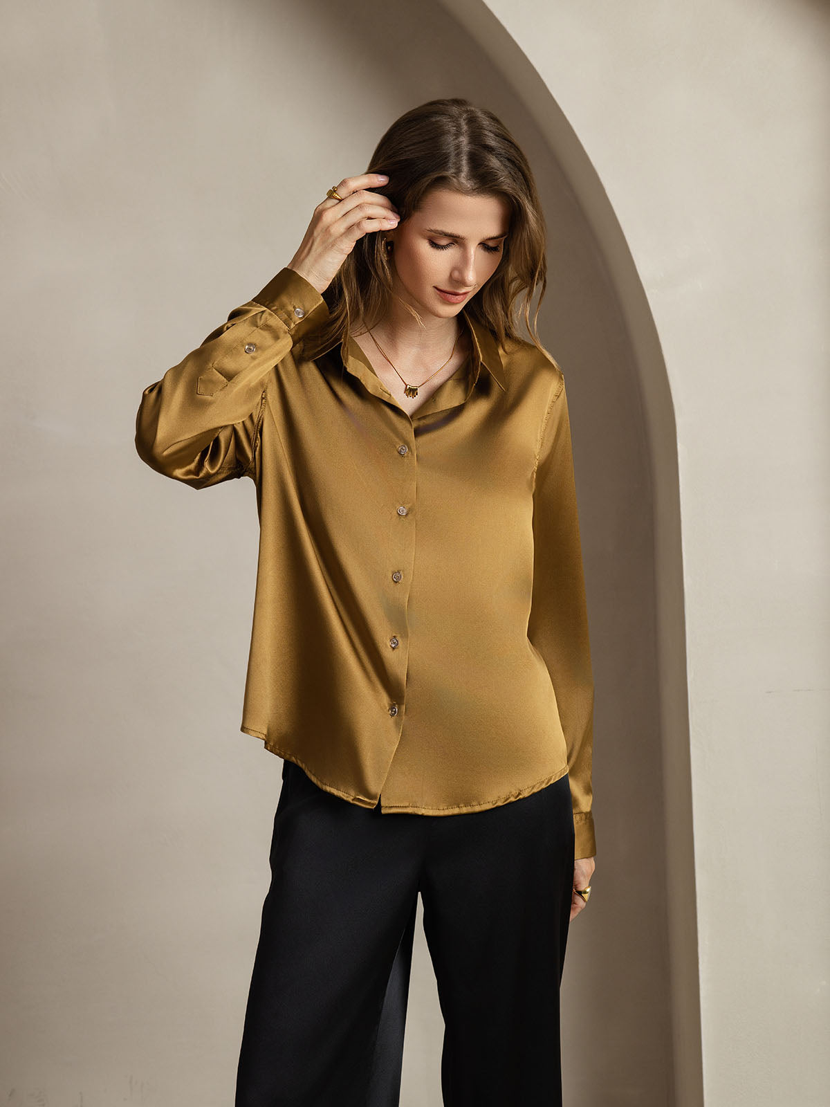 [Bronzo] SilkSilky-IT Seta Colletto risvolto Camicie da donna 001